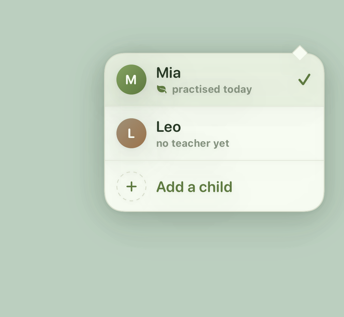 Child switcher menu with a checkmark beside Mia, the active child